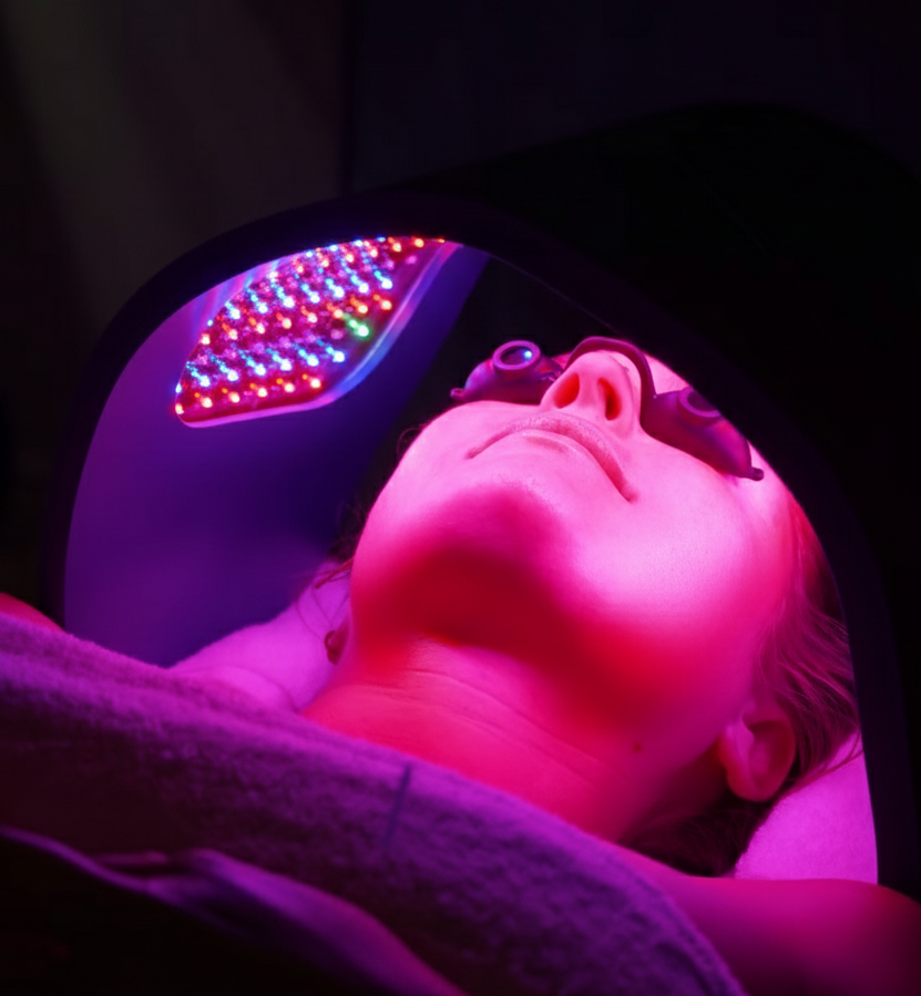 Celluma LED light therapy during microneedling preparation at Point Acupuncture